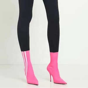 Four Seasons Short Elastic Boots Sexy Thin High Heels Pointed Toe Stripe <b>Shoes</b> Women's Stretchy Ankle Booties - Product Image 2