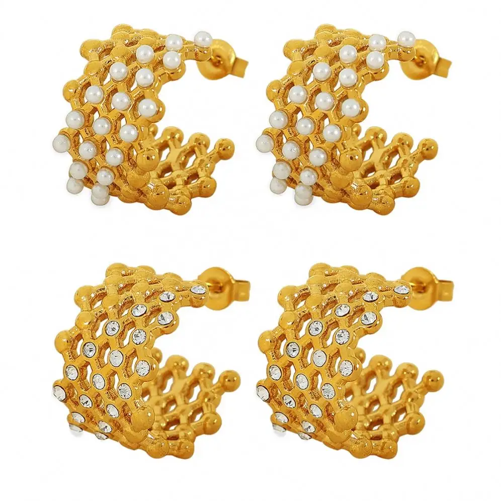 FANJIN BIJOUX EH246-7 Boucles d'oreilles en patchwork de petites perles d'or évidées serties de perles de caoutchouc et de strass