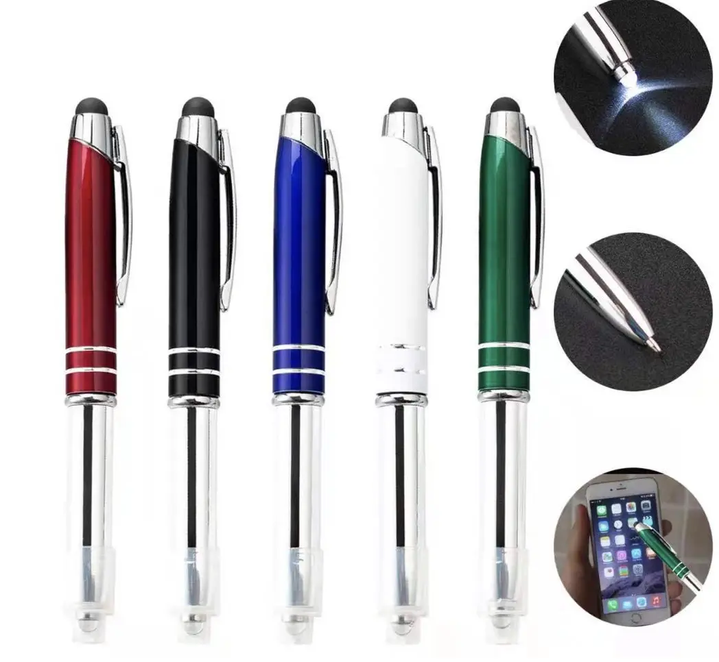 Led Light Electronic Pen Promotional Aluminium Metal Ball Pen With Stylus Laser Engraving Custom Logo Write Fancy Pen