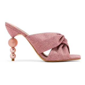 New fashion canvas fabric cross strap women sandal pink pearls heel square toe heel slipper sandal