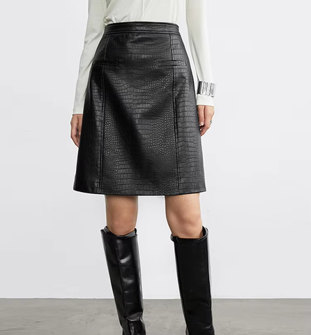3313 Wholesale a Line Embossed 100% Real Sheep Leather Skirt for Women Solid Color