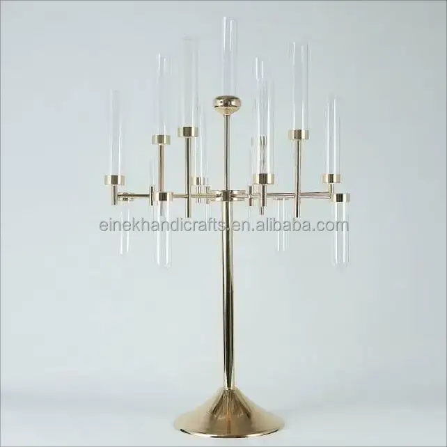 Gran oferta europea, centro de mesa de boda, portavelas con marco de metal dorado con tubos de cristal, candelabros