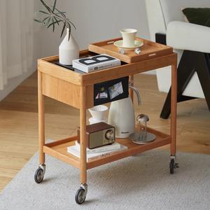 Table basse scandinave en bois massif de cerisier, chariot mobile avec roulettes pour salon - Product Image 2