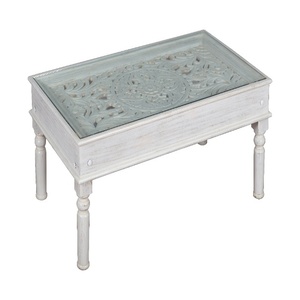 Hand-Carved Solid Wood Coffee <b>Table</b> -Glass Top <b>White</b> Washed Center <b>Table</b> -Floral Jali Work Shabby Chic Tea <b>Table</b>- Indian Antique - Product Image 2