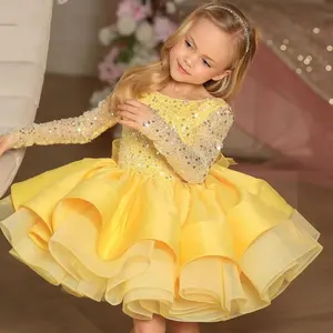 Качественное короткое Кружевное платье с вышивкой с длинными рукавами и V-образным вырезом сзади, многослойное пушистое детское платье для девочек с цветами, платье принцессы для дня рождения