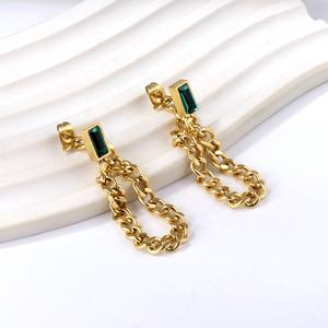 Pendientes de Moda para Mujer con Diamantes Cuadrados Verdes, Chapados en Oro de 18k, Bisutería de Acero Inoxidable, Pendientes Colgantes con Borlas y Cadena Cubana - Product Image 3