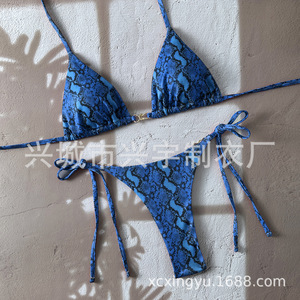 Nuevo traje de baño sexy de dos piezas con estampado de piel de serpiente a la moda para mujer, bikini con tirantes cruzados en el cuello para comercio exterior transfronterizo - Product Image 4