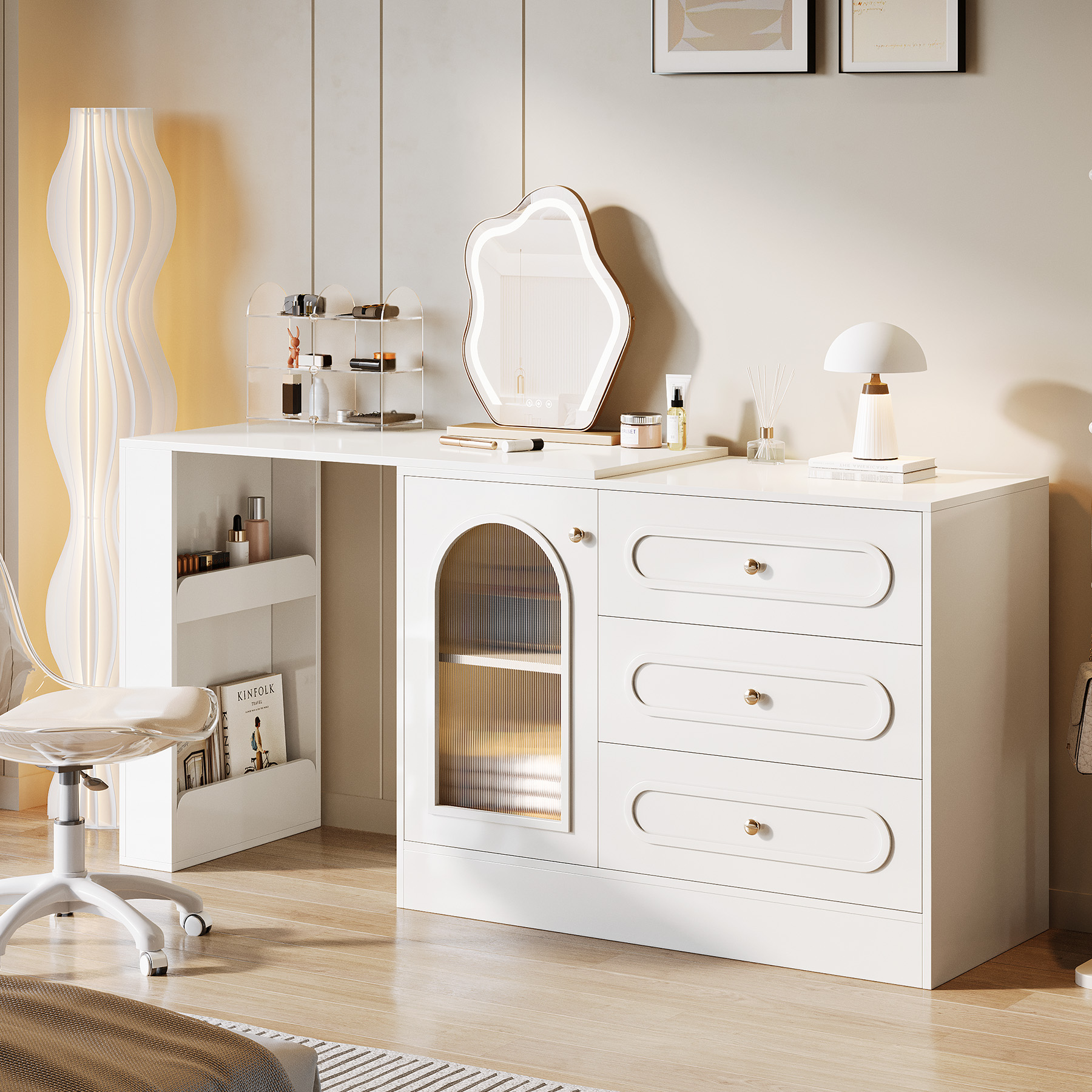 Modern 3-Drawer Vanity Dresser Combo with L-Shaped Desk Modern 3-Drawer Vanity Dresser Combo with L-Shaped Desk