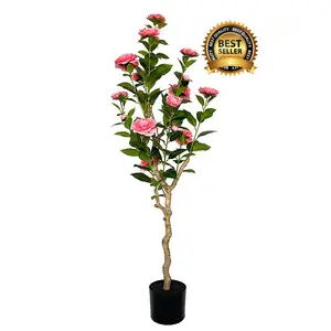 Bonsai artificial em vaso de flores, árvore de camélia vermelha artificial em vasos de plantas, árvore de camélia em pote preto, decoração ao ar livre e dentro de 120cm