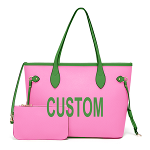 Custom Printed Logo Pink Leather Work Tote Bags Set Women Handbags Ladies Shoulder Bags Custom <strong>Purse</strong> with <strong>Green</strong> Handle - Product Image 1