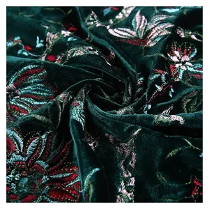 Fabric Velour Floral Embroidered Latest Design Knitted Velvet Polyester Green Embroidery Fabric Fashion 100 Yards OEM Accept TUV