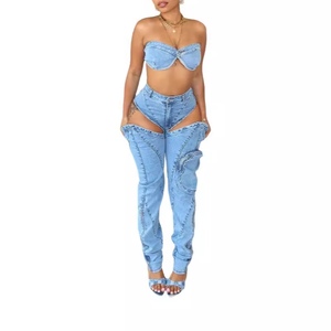 Washed <b>Stretch</b> Denim Split Zipper 3D Pocket <b>Wrap</b> Chest Sexy Top Pants 2 Piece Set Fashion - Product Image 4