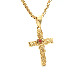 <b>Cross</b> Necklace Zinc Alloy Red Gemstone Pendant Fashion Jewelry Gift for Men Women Student Hip Hop Style - Product Image 1