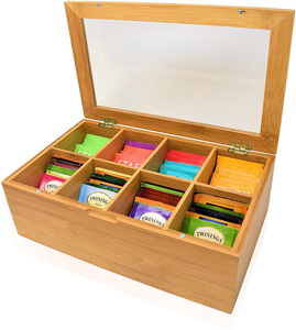 Custom Logo/Size/pack Big Natural Bamboo Tea Box Storage Organizer, 8 Compartments Countertop & Cabinet Storage with Hinged Lid