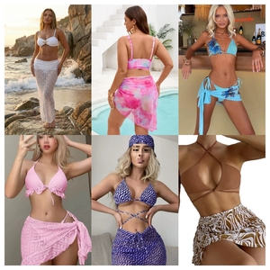 Hight Quality Halter Neck Print Stretch Swimwear With <b>Skirt</b> Bottom Ruffles Cut-Out Design Women 3 Piece <b>Bikini</b> <b>Set</b> - Product Image 5