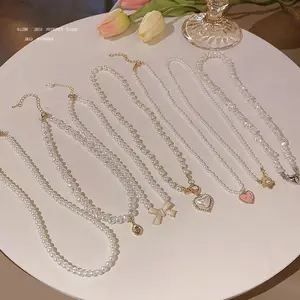 Wholesale Korean Designer Pearl Necklace Heart Pendant Choker Trendy Butterfly Pearl Necklace For Women