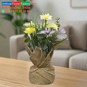Arrangement floral artificiel de fleurs de prairie succulentes en pot, enveloppé de toile de jute, pour décoration intérieure et centre de table de bureau - Product Image 4