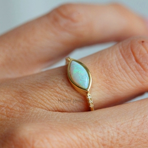 Minimalist 10K Solid Gold Wedding Synthetic Fire Opal Ring <strong>Solitaire</strong> Ring <strong>Summer</strong> Jewelry for Women - Product Image 2