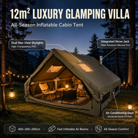 Tente de glamping gonflable de 12 m², imperméable, robuste, en coton TC, tente cabine gonflable 4 saisons, tente de luxe avec cheminée