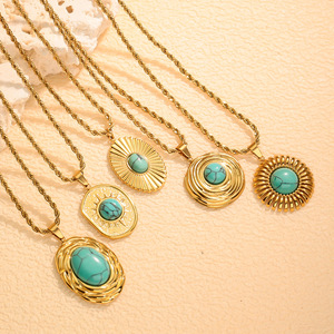 Модные богемные ожерелья с подвесками из нержавеющей стали с позолотой 18K, инкрустированные бирюзой, текстурированные, водонепроницаемые, для многослойного ношения - Product Image 4
