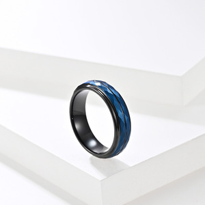 Anillo de acero de tungsteno negro y azul con corte de diamante, estilo único y popular, para los dedos índice de los hombres; único, individualista - Product Image 4