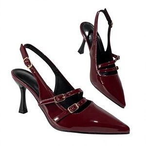 Sandalias de tacón bajo con punta en punta y tira fina, color borgoña, elegantes, para uso diario. - Product Image 1
