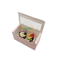 Boîte d'emballage pour muffins et cupcakes personnalisés à 2 cavités, en papier rose, pliable, à ouverture automatique, avec fenêtre supérieure