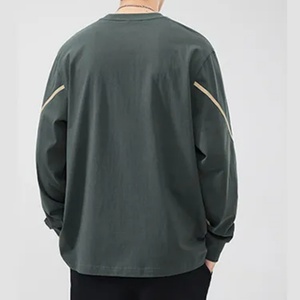 เสื้อยืดแขนยาวลายทางผ้าฝ้ายแท้ทรงหลวมคอกลมสีเทาสำหรับผู้ชายขายส่ง - Product Image 3