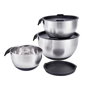 Set di 3 Ciotole per Mescolare in Acciaio Inox <span class=keywords><strong>Fungho</strong></span> con Base in Silicone, Manico Antiscivolo, Beccuccio e Coperchio in PE Ecologico, Lavabili in Lavastoviglie - Product Image 1