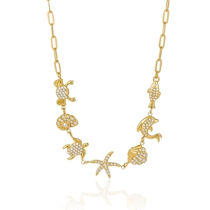 Collana con ciondoli nautici J&<span class=keywords><strong>D</strong></span> Jewelry in acciaio inossidabile placcato oro 18K, con strass, granchio, stella marina, delfino, gioielli a tema vita marina per resort - Product Image 1
