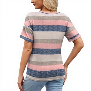 <b>Women's</b> Summer <b>Tops</b> Short Sleeve Casual Shirts Trendy V-Neck Striped Tee Fashionwear 100% Cotton 180 GSM OEM Manufactured - Product Image 4