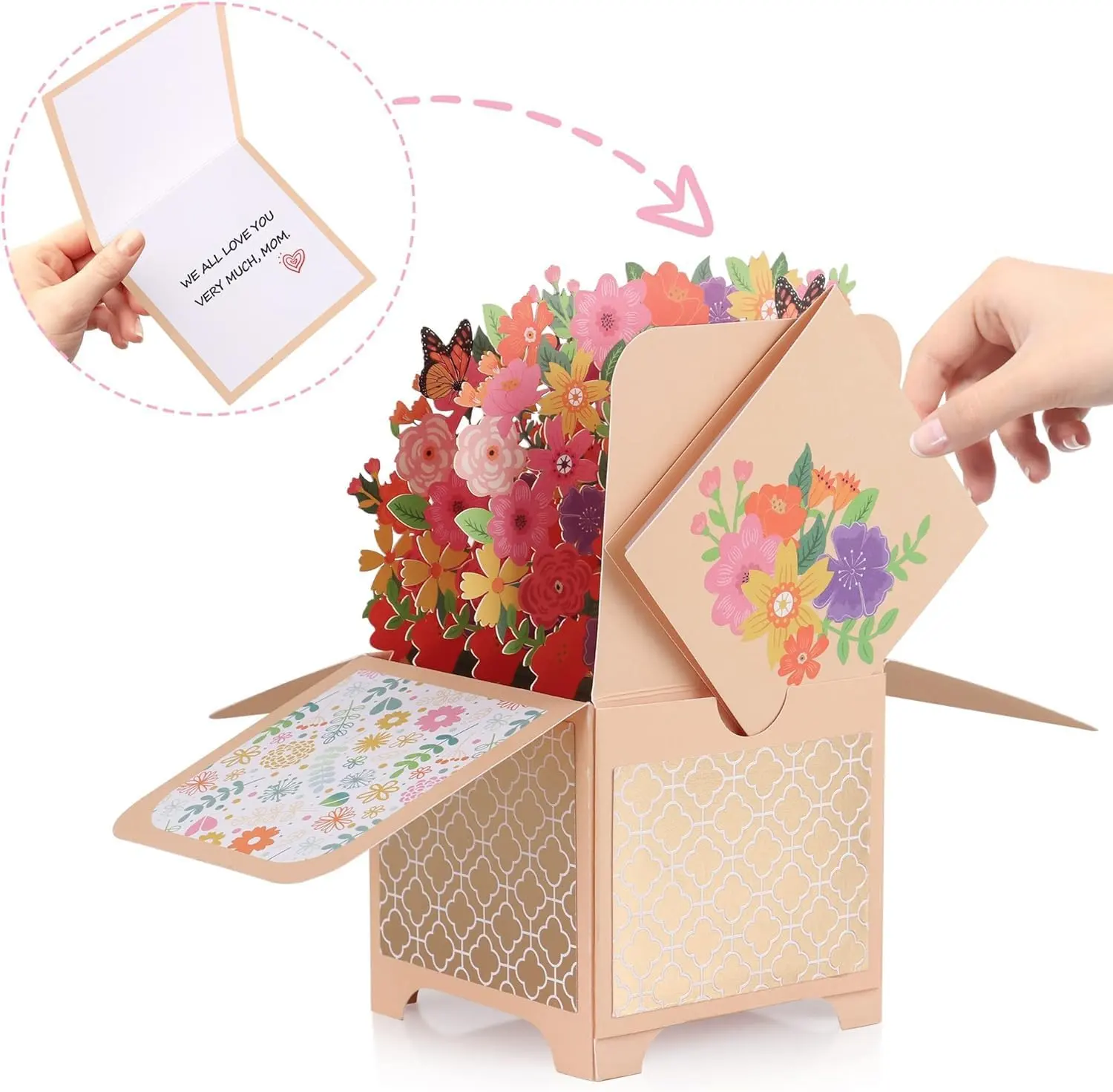 Custom Design Papier Bloem Boeket Custom Printing Handgemaakte 3d Pop-Up Moeders Dag Wenskaarten