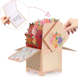 Özel tasarım kağıt çiçek buketi özel baskı el yapımı 3D Pop Up anneler günü tebrik kartları