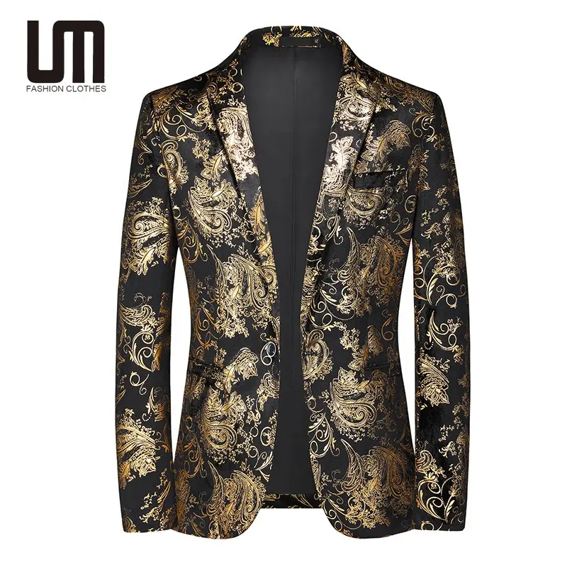 Liu Ming Populaire Retro Mode Mannen Kleding Plus Maat 6xl Slanke Nachtclub Feestpak Goud Print Jas Blazer