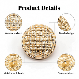 Boutons ronds en métal à texture tissée et bord perlé, en alliage de zinc doré, décoratifs, à tige, pour manteau, costume, trench-coat, pull - Product Image 1