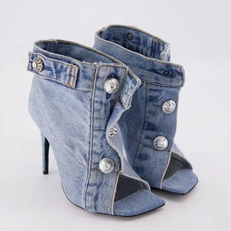 Nieuwe Modieuze Denim Schoenen Enkellaarzen Sexy Studs Spikes Hoge Hak Dameslaarzen