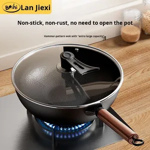 Wok en métal fait main de style ancien, ensemble de casseroles en fer forgé à fond plat pour chef, revêtement antiadhésif émaillé, couvercle en verre, capacité 18L, compatible gaz - Product Image 2