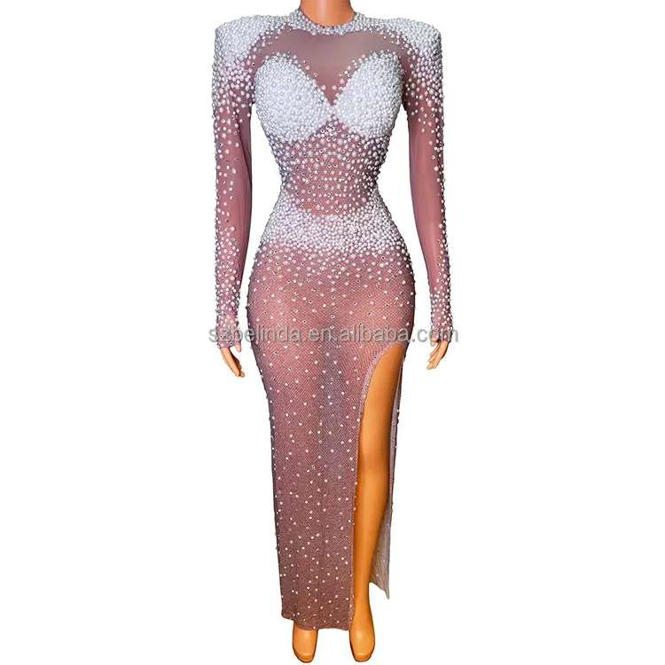 Sexy Rhinestones Pearls Evening Birthday Celebrate Dress Prom Gown Costumes Transparent Outfit Mesh Stage Wear Collections