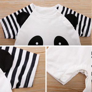Tutina neonato OEM/ODM con stampa <span class=keywords><strong>panda</strong></span>, in morbido cotone, a maniche corte, con orecchie 3D e strisce, <span class=keywords><strong>pigiama</strong></span> estivo. - Product Image 3