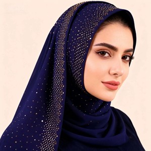 ผ้าคลุมศีรษะชีฟองคุณภาพสูงหรูหรา ประดับมุกและคริสตัล ผ้าพันคอยาวสไตล์ชาติพันธุ์ สีพื้น ขนาดใหญ่ - Product Image 2