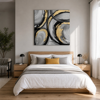Toile imprimée géométrique abstraite carrée avec feuille d'or noir et gris, encadrée, pour décoration intérieure moderne