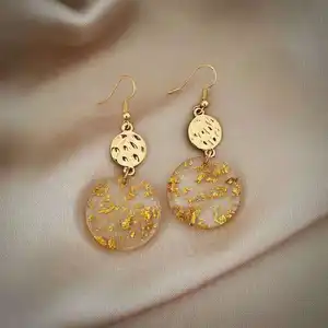 Factory hot sale long temperament transparent resin round pendant earrings unique design gold foil acrylic earrings