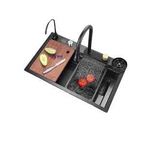 Juego de fregadero de cocina de un solo cuenco con cascada negra moderna, fregadero de cocina multifunción, fregaderos de cocina de acero inoxidable 304