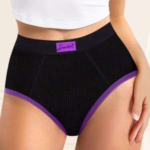 Culottes taille haute pour femmes, noir avec bordure violette, entrejambe en coton, tissu en nylon, collection Printemps 2025, couleur unie, sous-vêtements tricotés, grandes tailles - Product Image 1