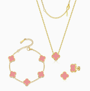 <span class=keywords><strong>Ensemble</strong></span> de bijoux en acier inoxydable : Bracelet trèfle à 5 feuilles, collier pendentif fleur à quatre feuilles de 13 mm et boucles d'oreilles - Product Image 5