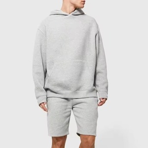 Men's Gray Hooded Sweatshirt & <b>Shorts</b> Set Solid Color Casual Wear <b>Polyester</b>\Cotton 430gsm For Sale - Product Image 1