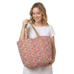 Indian Handmade Womens Cotton Quilted Striped <b>Large</b> Tote <b>Bag</b> with Long Handle for Travel Storage <b>Beach</b> Party & Exhibition Use - Product Image 1