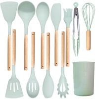 Ensemble d'ustensiles de cuisine en silicone 12 pièces, vert menthe, manche en bois, kit d'outils de cuisson résistant à la chaleur pour wok et ustensiles de cuisine