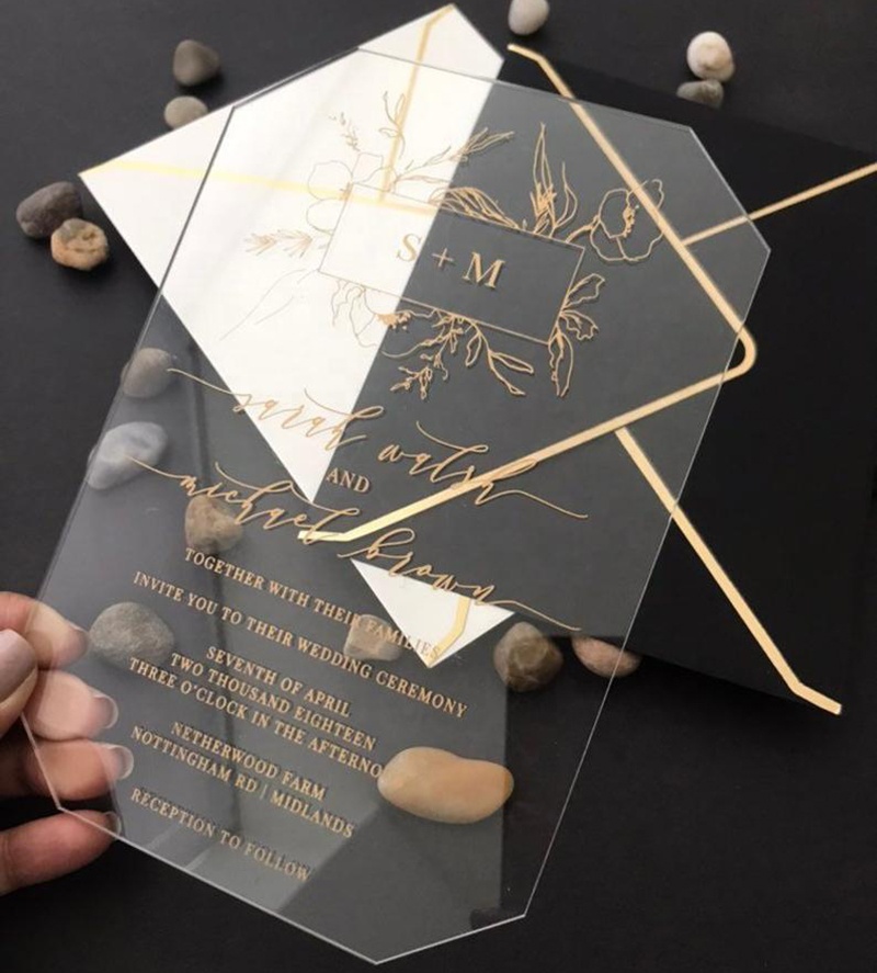 Прозрачные акриловые свадебные приглашения лазерная резка геометрический оргстекл черный белый золотой роскошный пригласительный