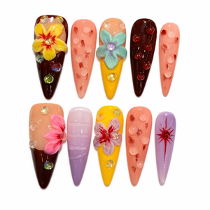 Faux ongles en acrylique à presser, forme stiletto, couvrance totale, motif floral avec strass, avec colle pour mariage et fête - Product Image 1